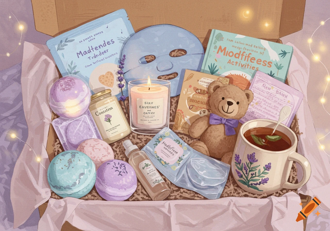 An illustration of a self-care box filled with items including bath bombs, a teddy bear, a lit candle, a face mask, a mug of tea, and various bottles and packets, all in soft pastel colors.