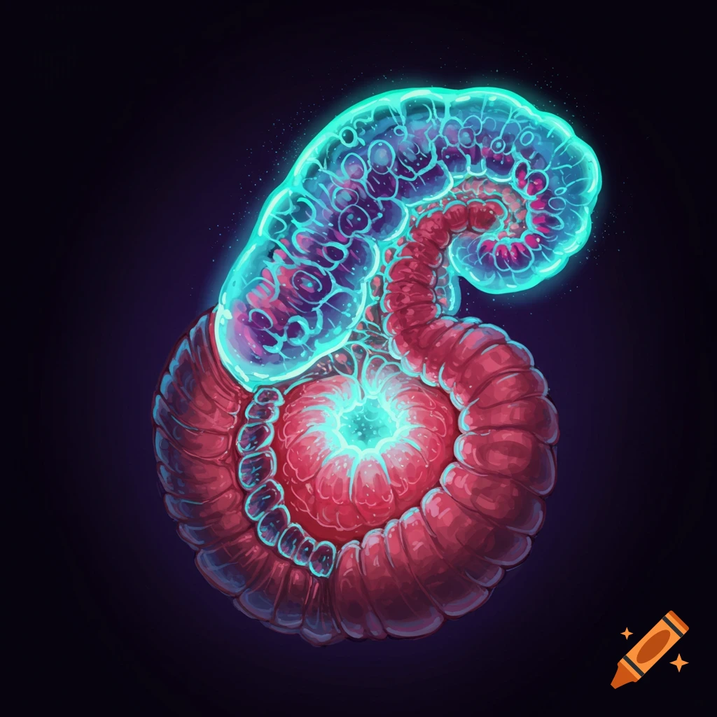 A vibrant, glowing, segmented red and teal biological or sci-fi organism coiled on a dark background.