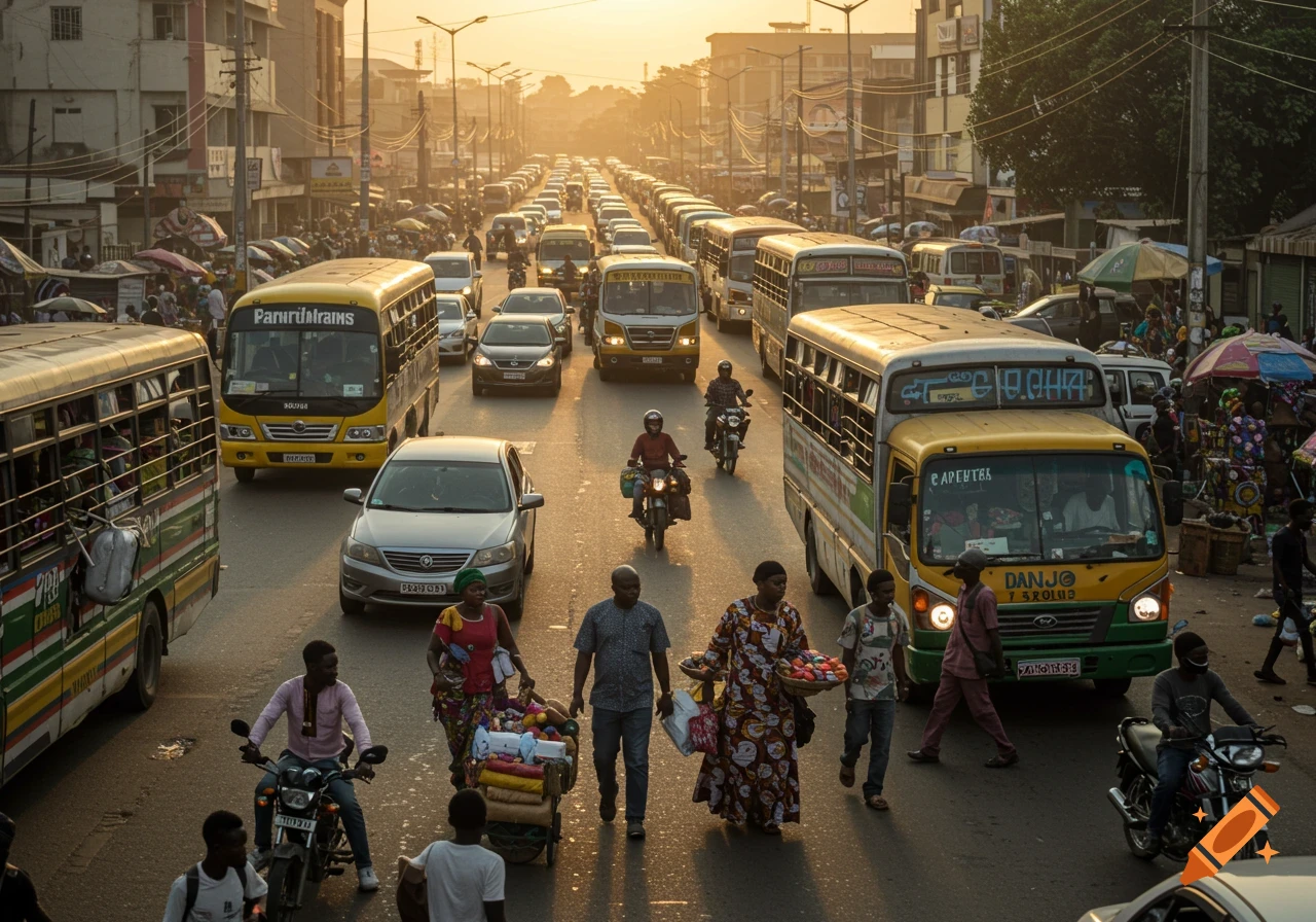 A photorealistic image of a busy street in an African city at sunset, with numerous buses and cars in traffic, and people walking on the road.
