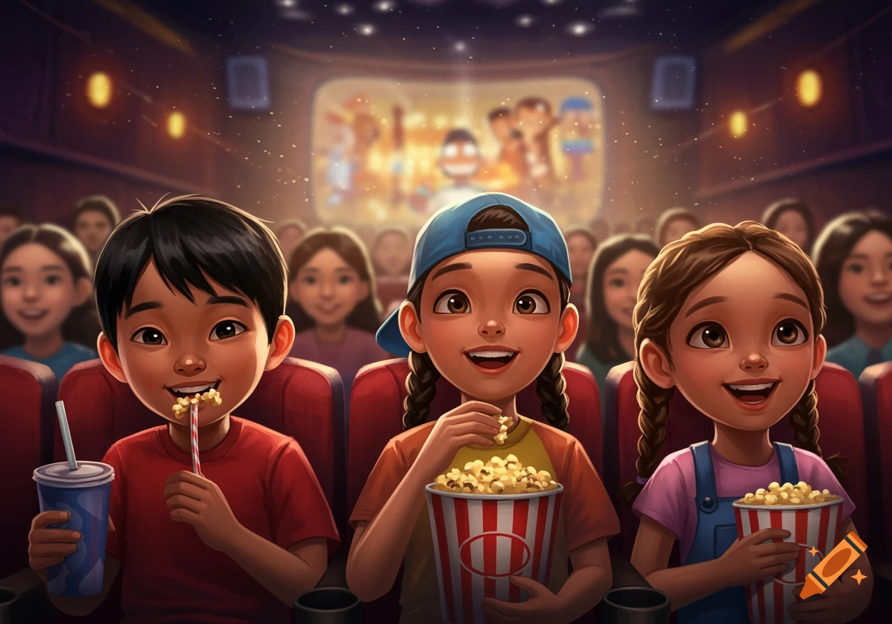Three happy children watch a movie in a cinema, eating popcorn and drinking from a cup.