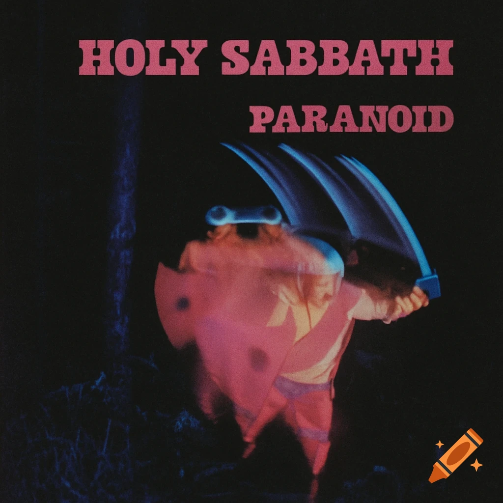 A dark, stylized album cover with a blurry, pink-red figure holding a large blue blade. Text reads "HOLY SABBATH" and "PARANOID".