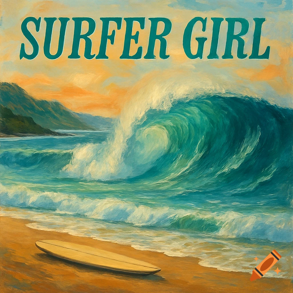 A vibrant painting of a large turquoise wave crashing on a sandy beach with a surfboard in the foreground and "SURFER GIRL" text at the top.