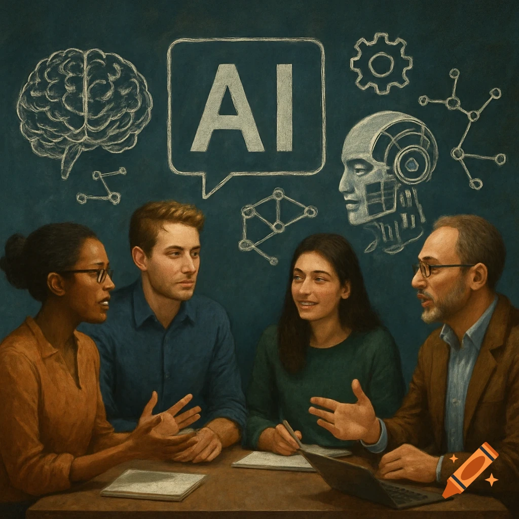 Four diverse people discussing AI at a table, with chalk drawings of a brain, robot head, and 'AI' on a blackboard in a painted style.