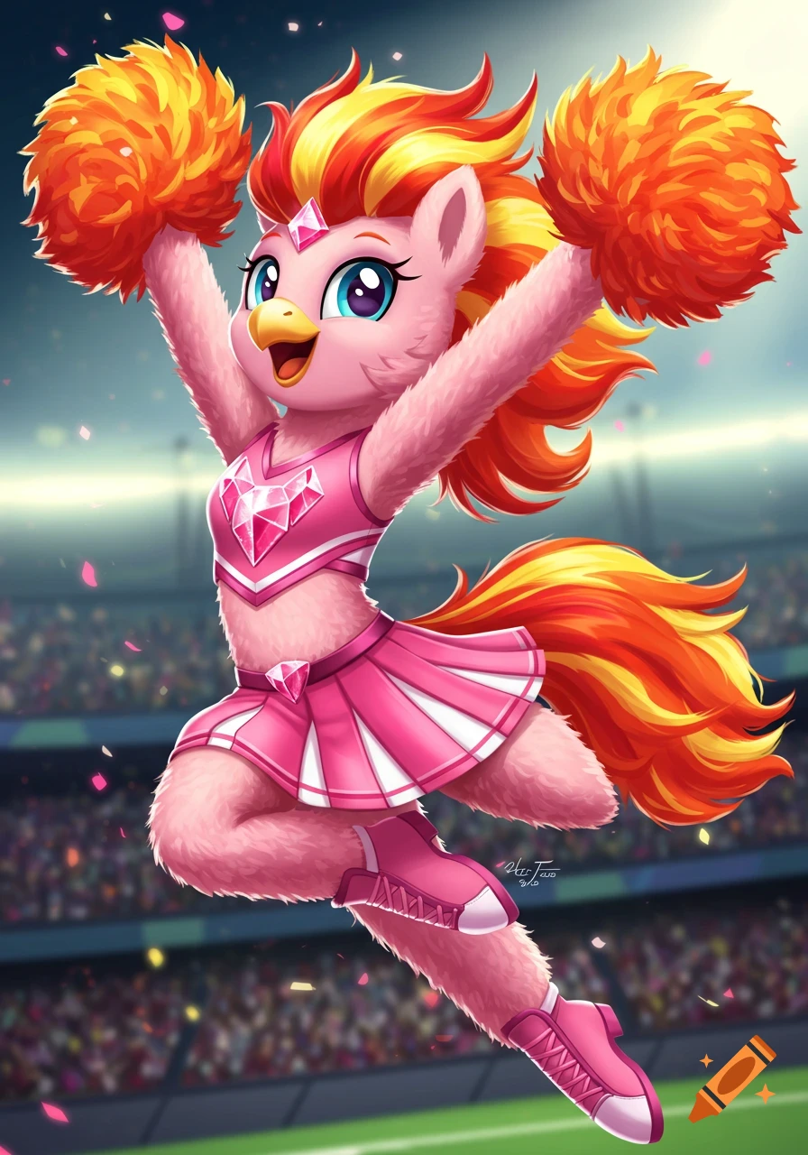 Vibrant cartoon of a pink, bird-like pony character in a cheerleader uniform, jumping with orange pom-poms in a stadium.