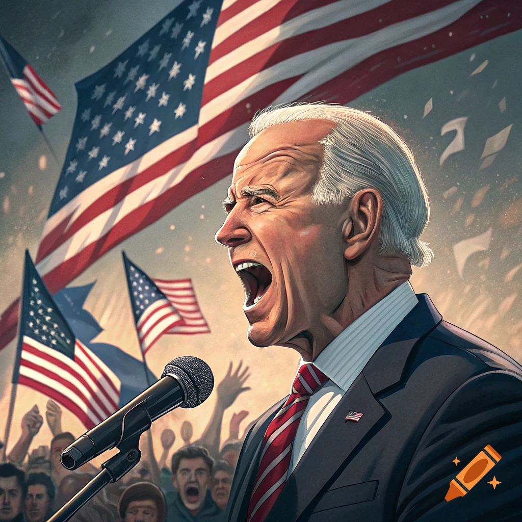 Stylized illustration of Joe Biden shouting into a microphone at a political rally, with a crowd and large American flags in the background.
