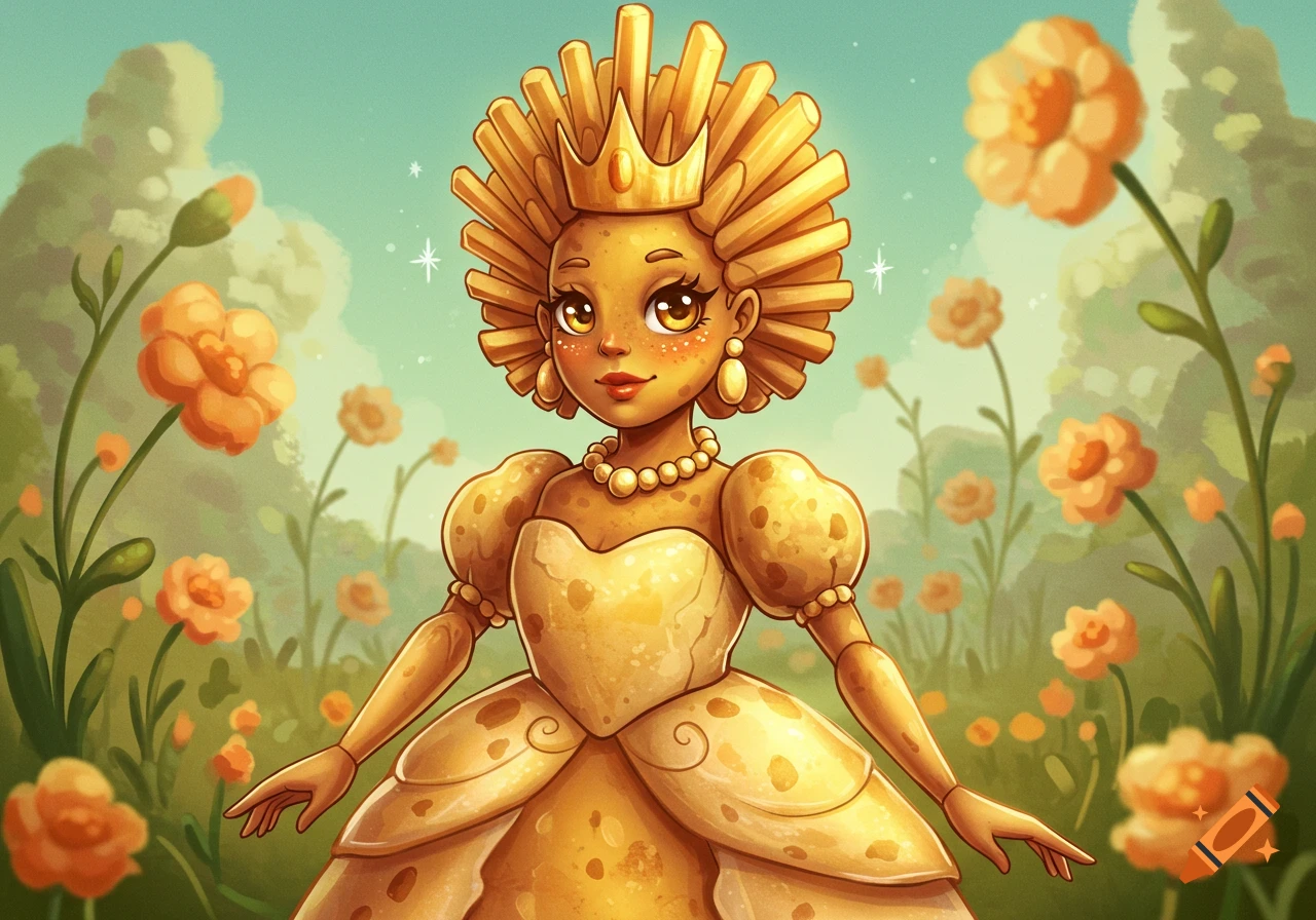 A whimsical cartoon queen with a crown and dress made of potatoes, standing in a magical garden with orange flowers.