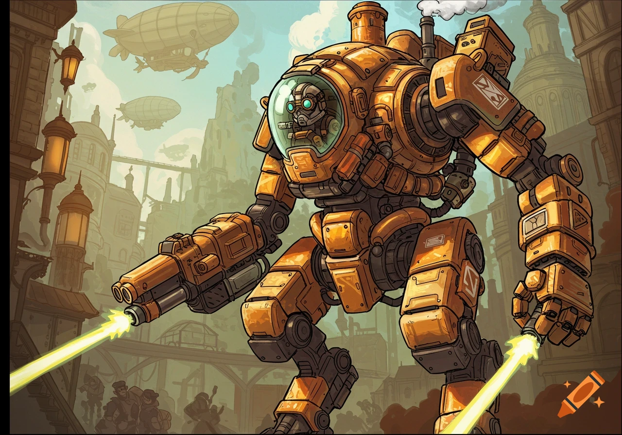 A cartoon steampunk mech fires laser beams in a busy city with airships flying overhead.