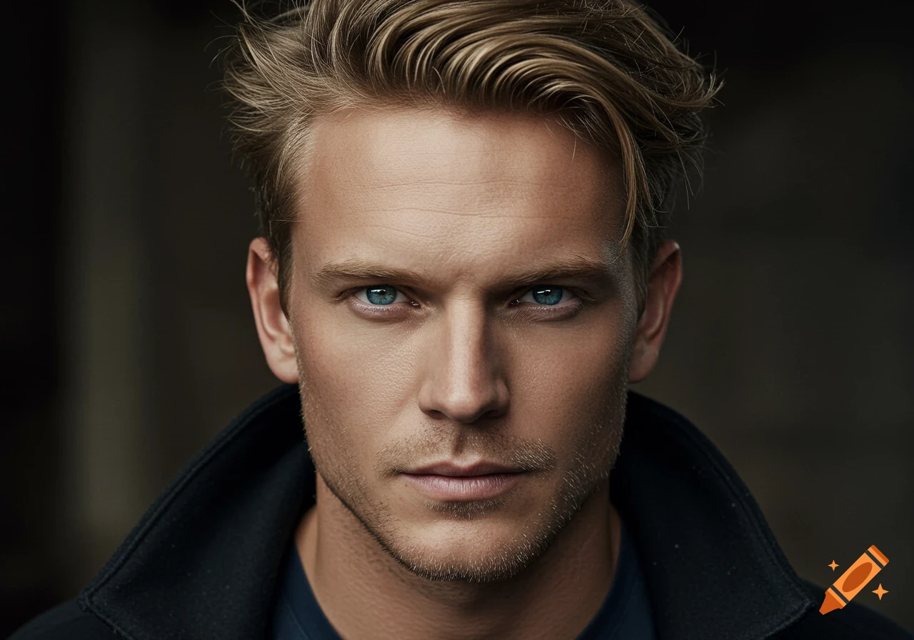A close-up photorealistic portrait of a handsome man with blond hair and piercing blue eyes looking directly forward.