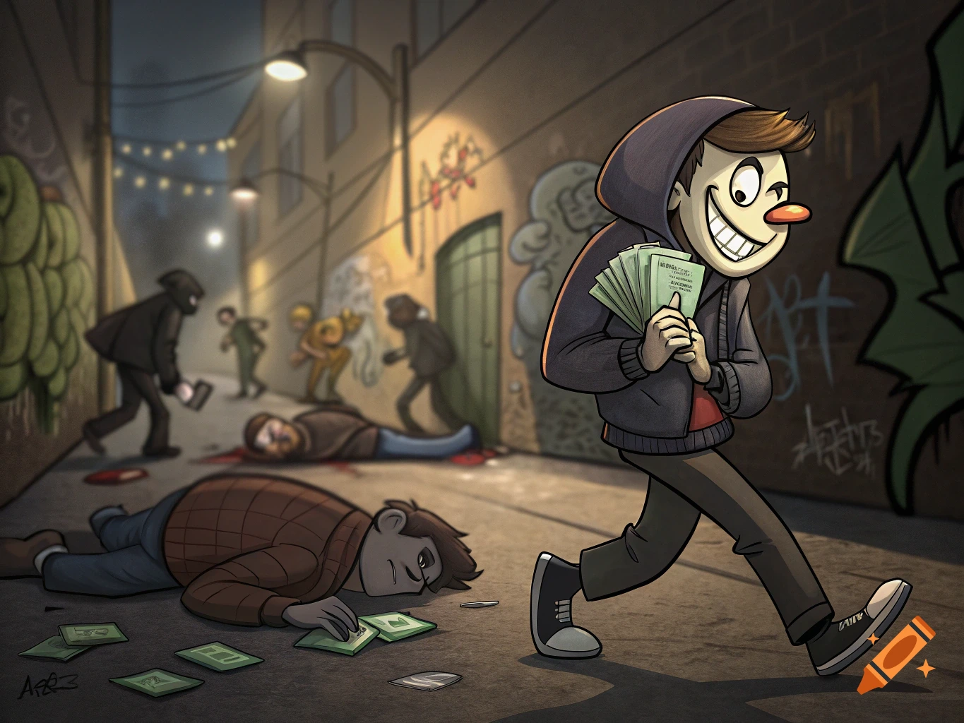 A grinning cartoon villain in a hoodie counts stacks of money in a dark alley with knocked-out people and blood on the ground behind him.