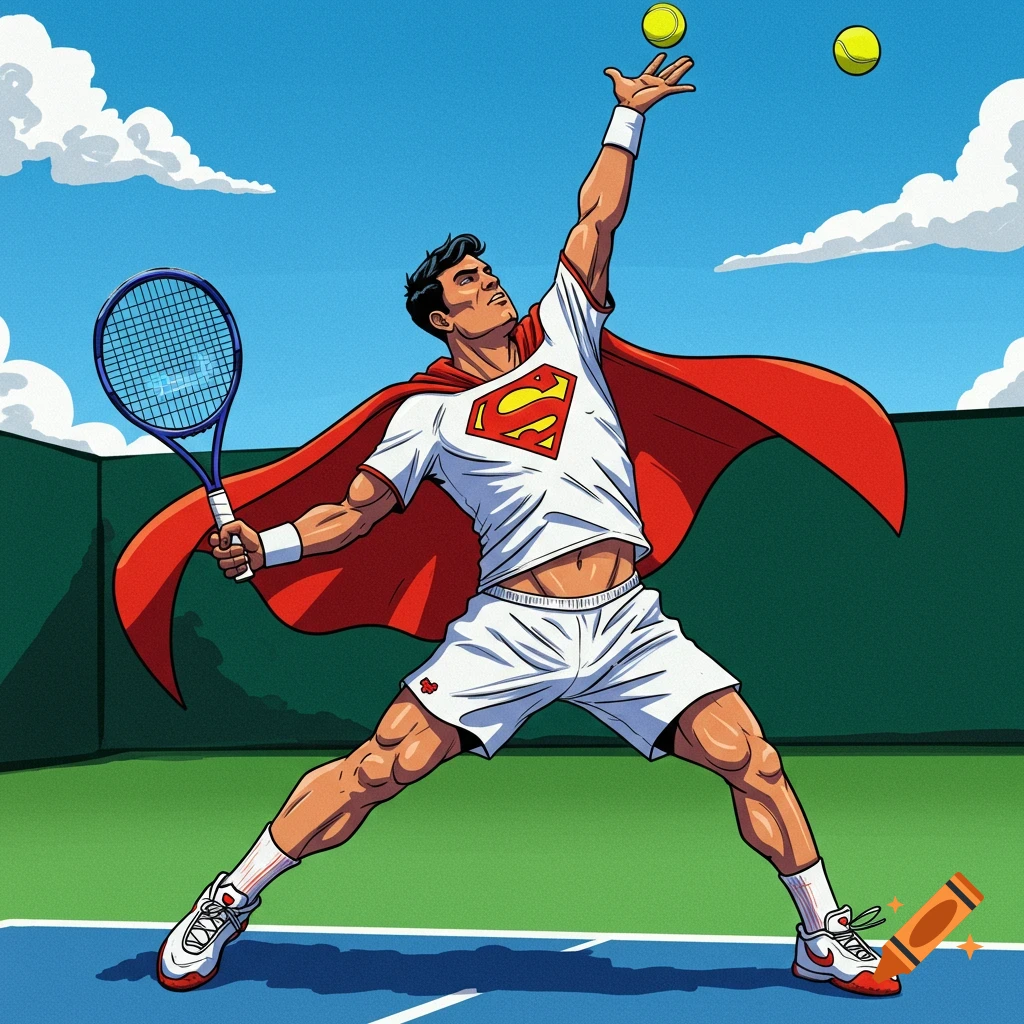 A comic book style illustration of a superhero resembling Superman in a red cape and tennis outfit serving a tennis ball on a court.