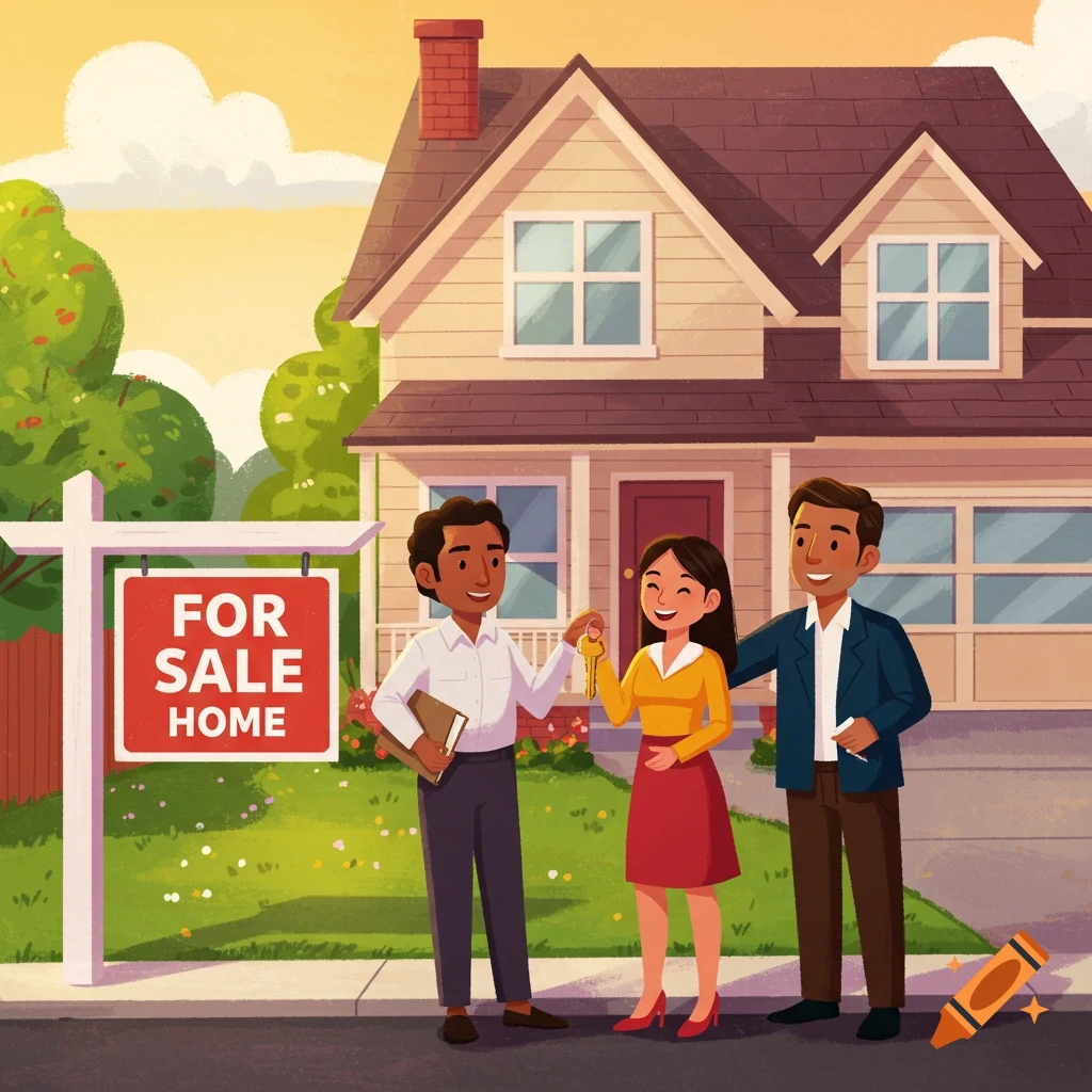An illustration of a real estate agent handing keys to a happy couple in front of a house with a "FOR SALE HOME" sign.