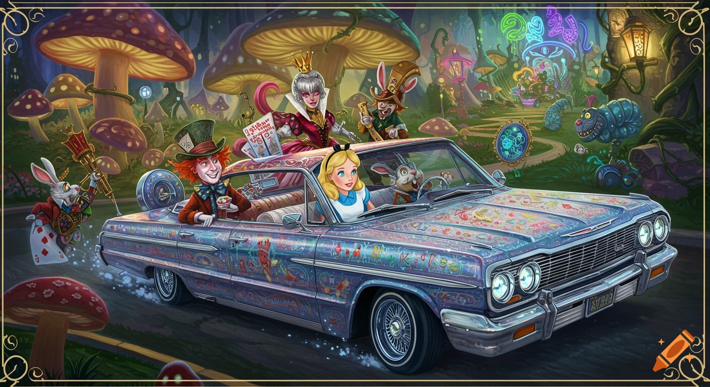 Alice and Wonderland characters, including the Mad Hatter, Queen of Hearts, and White Rabbit, cruise in a psychedelic lowrider through a vibrant, whimsical Wonderland landscape.