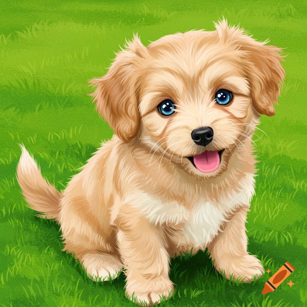 A cute fluffy light brown puppy with bright blue eyes sits on green grass, looking forward with its tongue out.