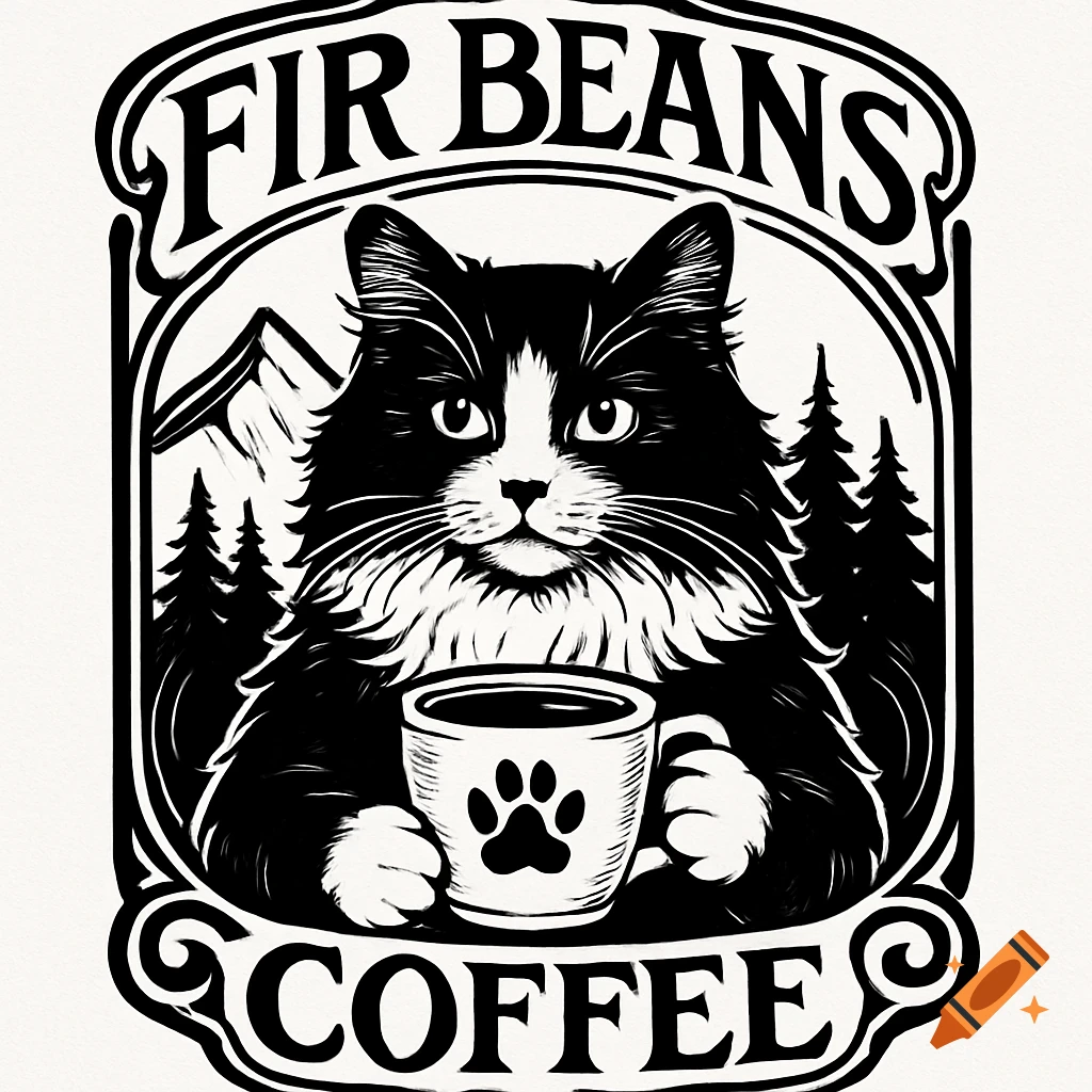 Black and white Art Nouveau style logo of a fluffy tuxedo cat holding a coffee cup with a paw print, mountains, and fir trees. Text reads "FIR BEANS COFFEE".