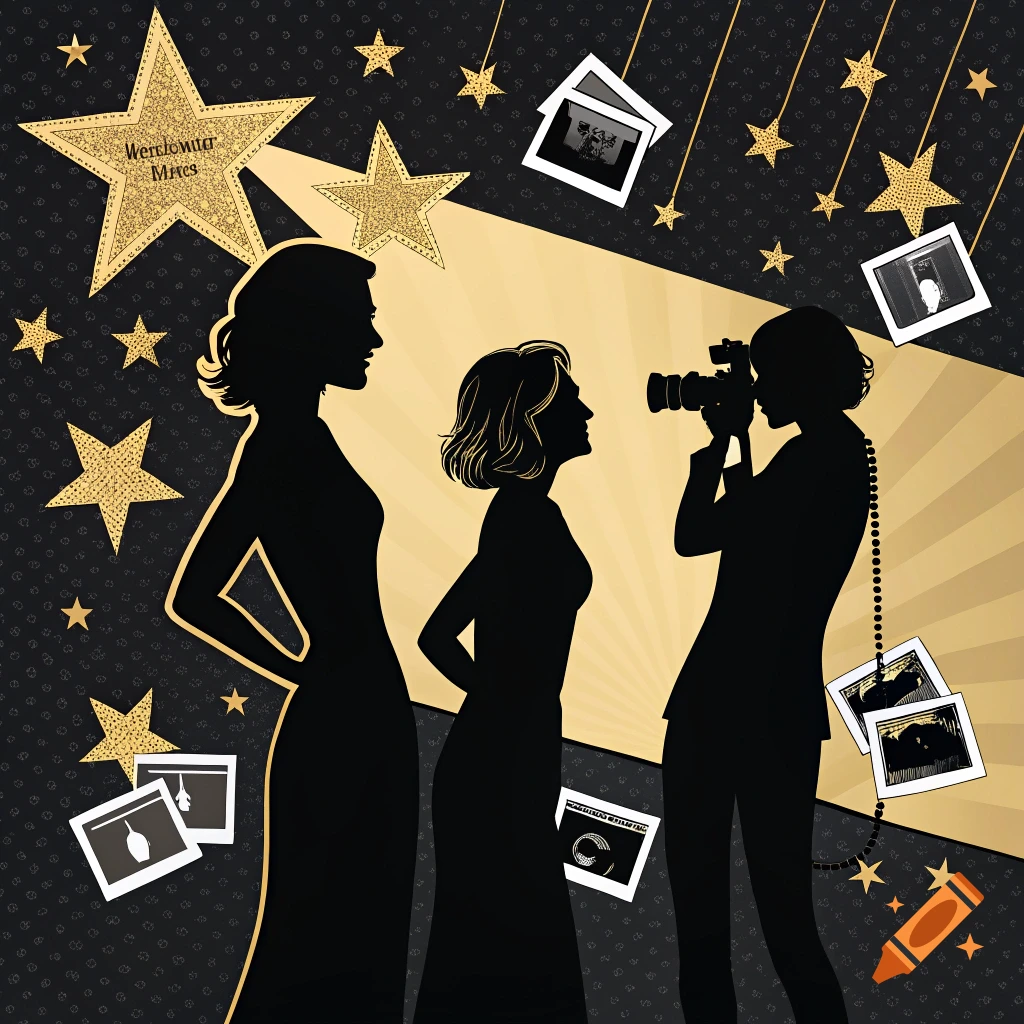Graphic illustration in black and gold showing three female silhouettes: two posing and one photographing, surrounded by stars and polaroids.