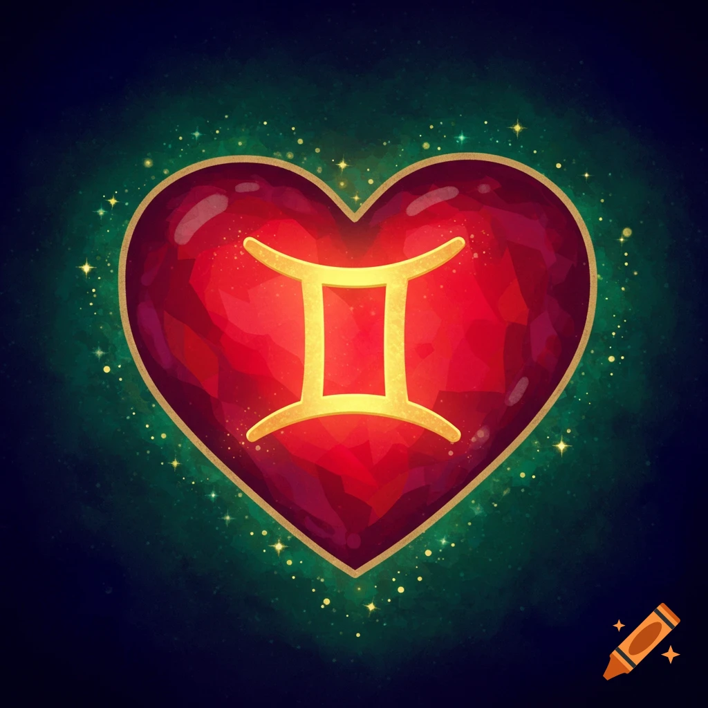 A golden Gemini glyph glowing within a vibrant red heart, surrounded by shimmering stars on a dark green background.