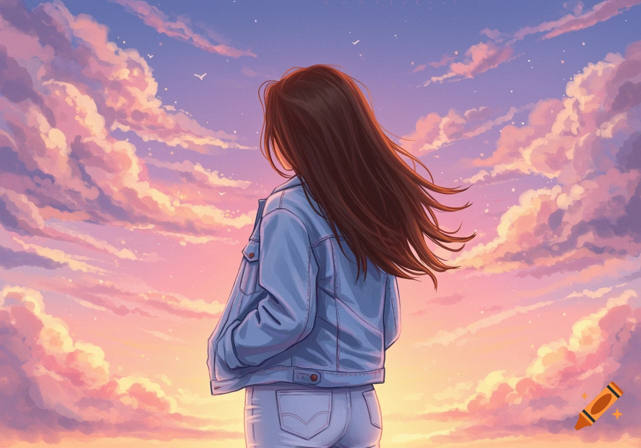 Illustrative drawing of a person from behind, with long brown hair, wearing a denim jacket, watching a vibrant pink and purple sunset.