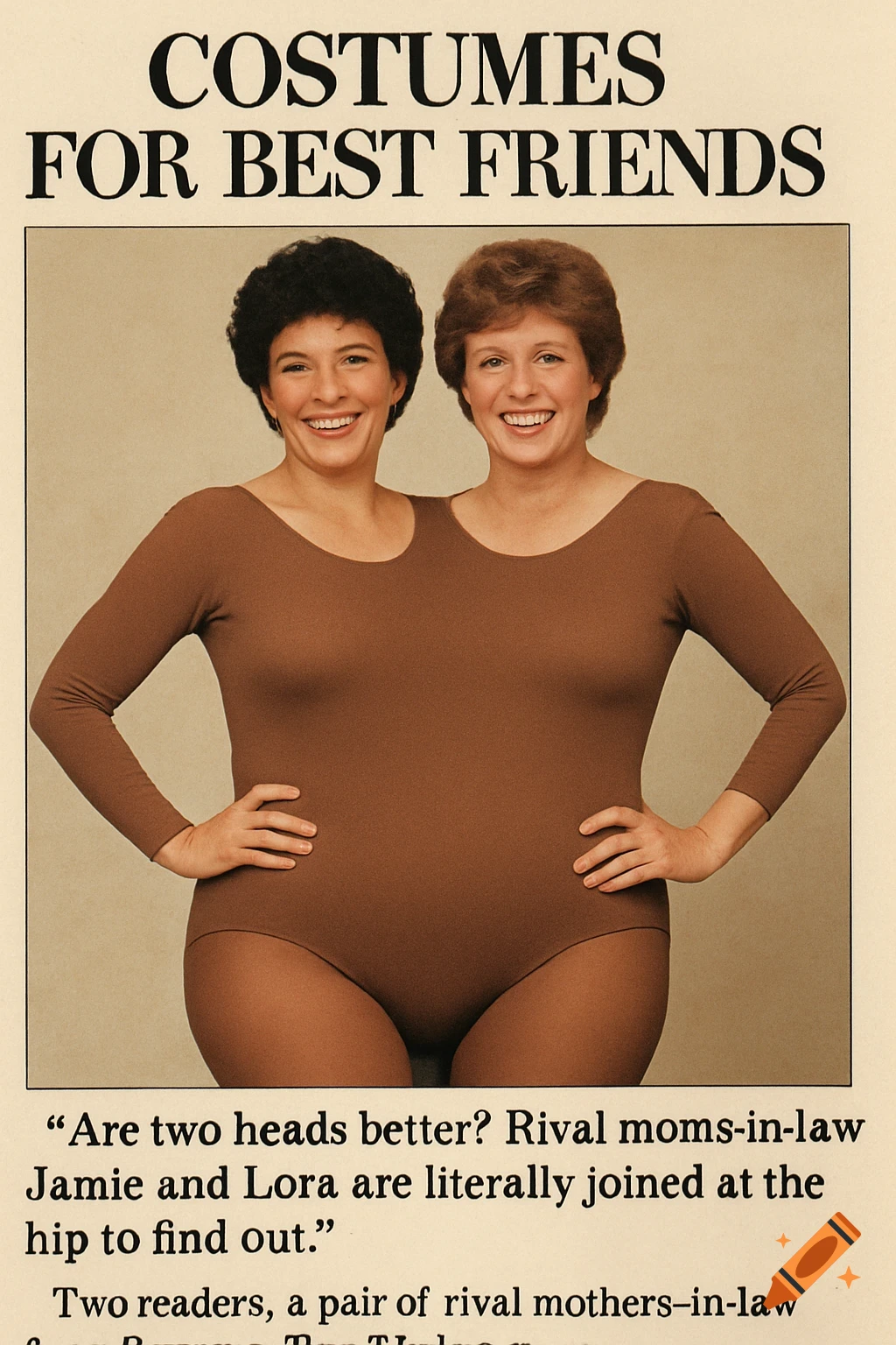 A vintage magazine ad features two smiling women in a brown leotard, appearing as a two-headed woman costume illusion.