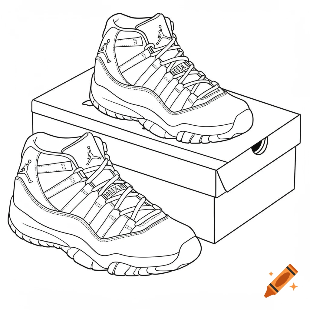 Two Air Jordan 11 sneakers in black and white line art, one on top of an open shoebox and another in front of it.