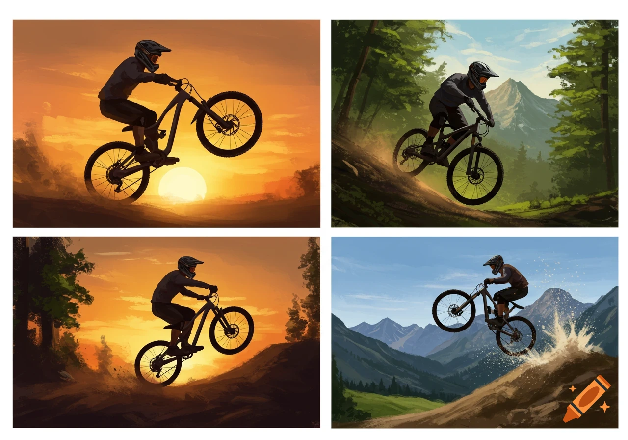Four illustrative panels of mountain bikers: two doing wheelies at sunset, one descending a forest incline, and one jumping over dirt with a splash.