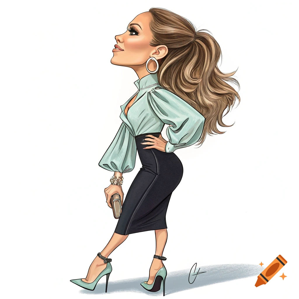 Stylized caricature of Jennifer Lopez in a teal blouse, black pencil skirt, and matching high heels, looking up.