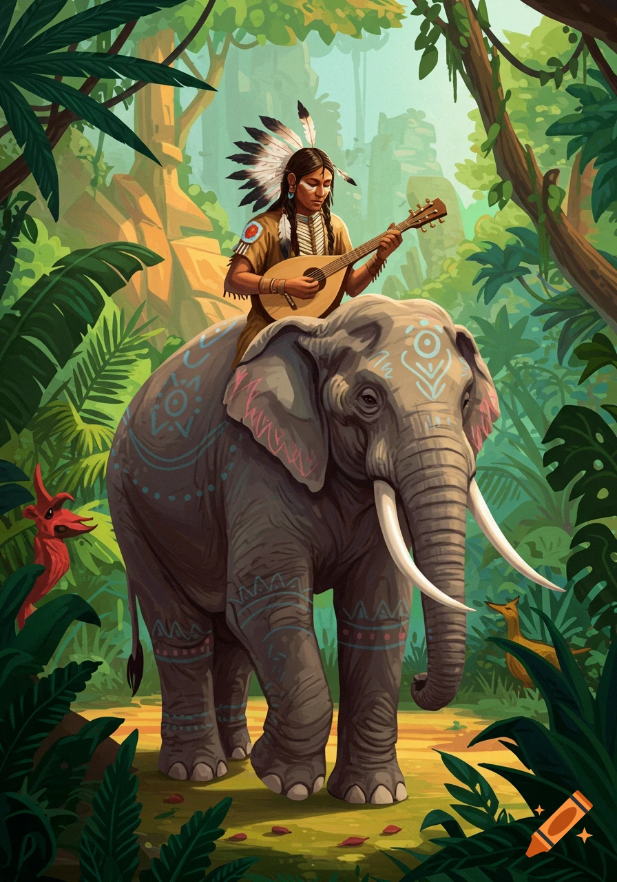 An illustration of a Native American person with a feathered headdress riding a decorated elephant through a jungle, playing a mandolin.