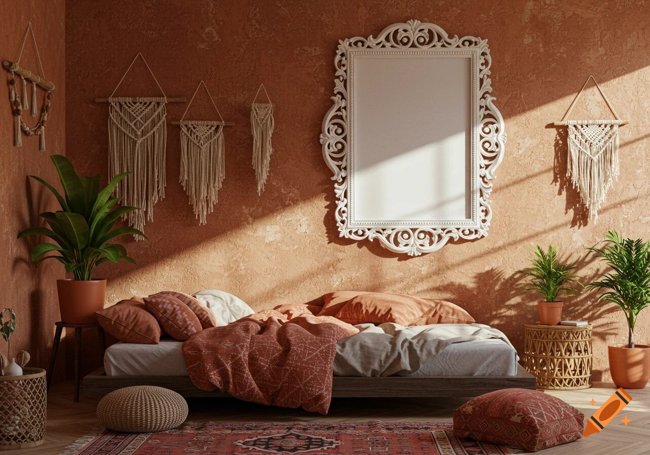 A photorealistic boho bedroom with terracotta walls, a bed, plants, macrame wall hangings, and a white ornate picture frame.