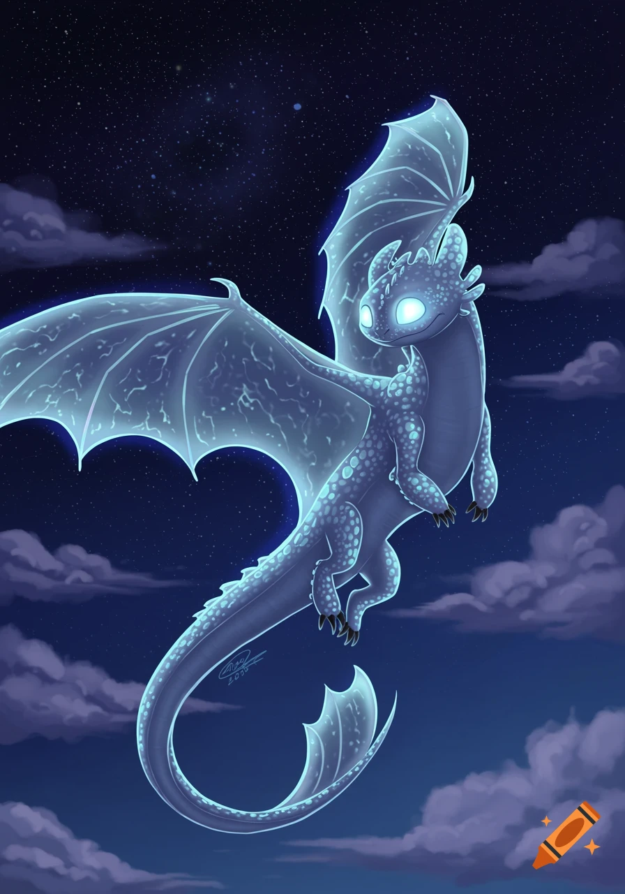 A glowing white and blue dragon with large wings flies through a starry night sky with purple clouds.