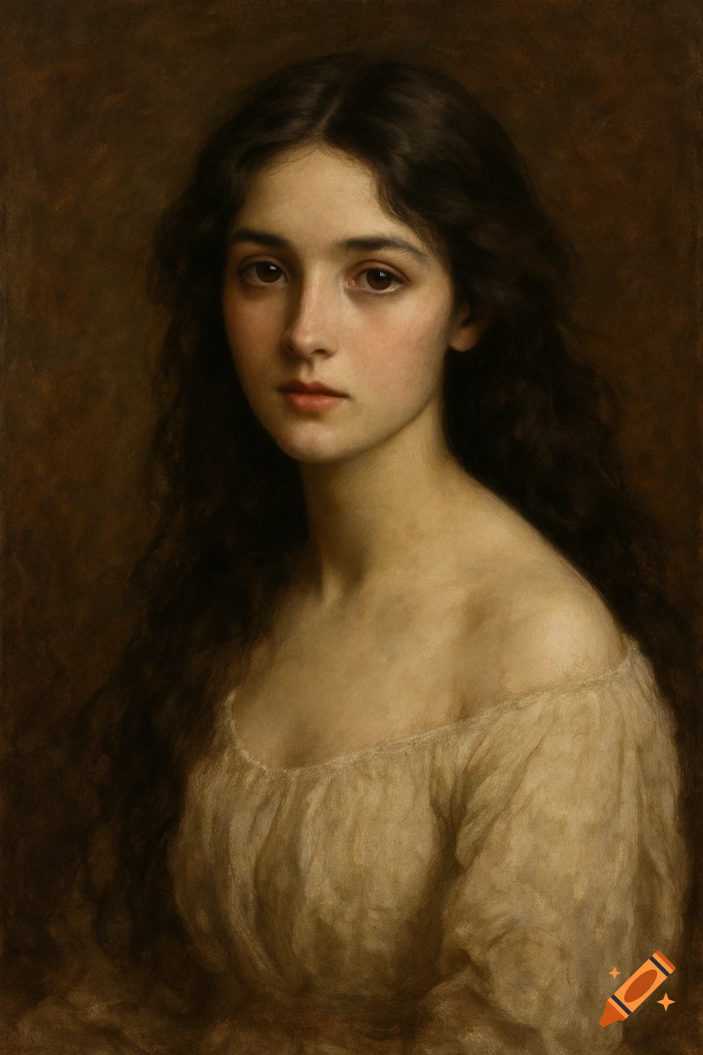 A classical oil painting portrait of a young woman with long dark hair and a light-colored, off-the-shoulder garment.