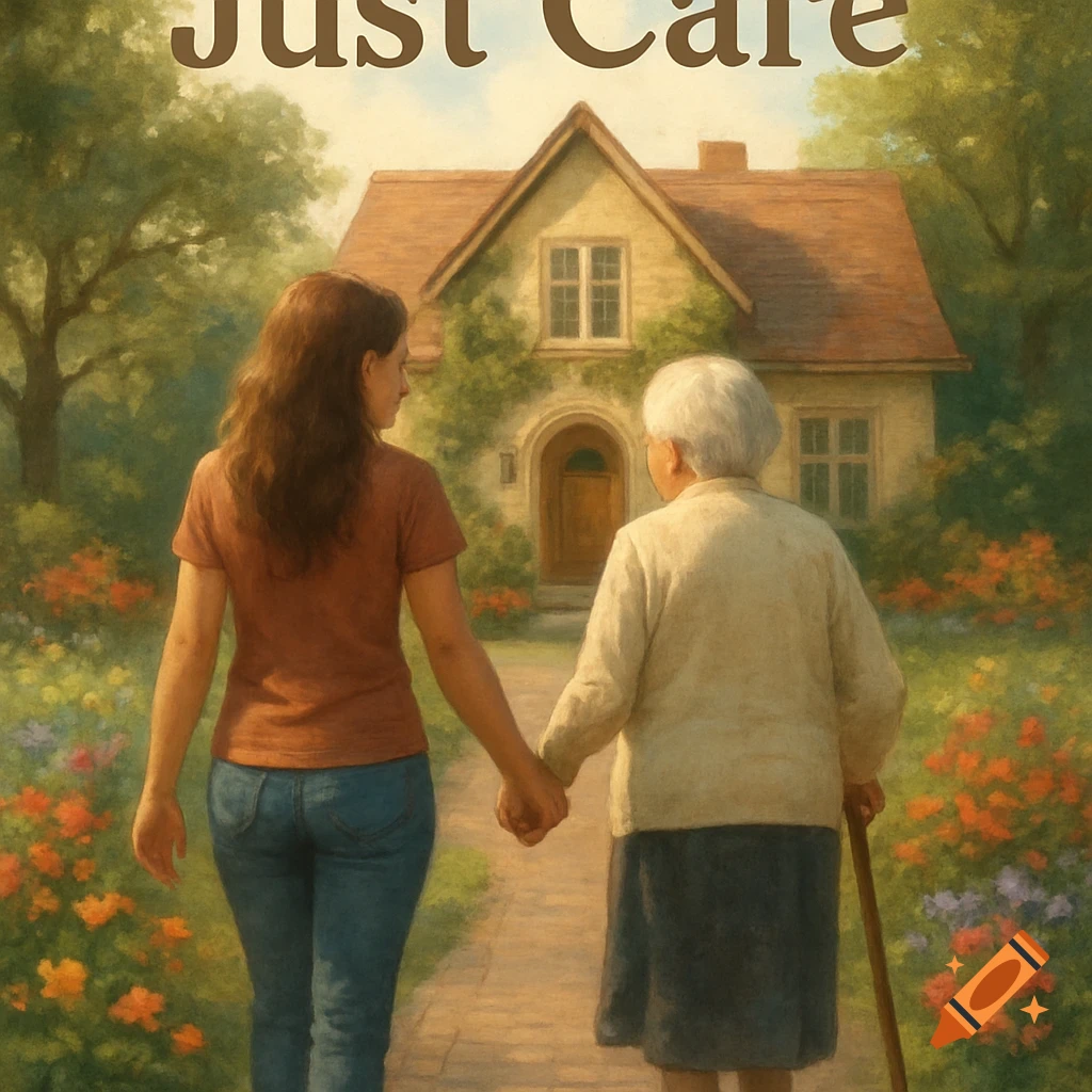 A young woman and an elderly woman walk hand-in-hand on a path towards a house with a garden, in a painterly style. Text at the top reads "Just Care".