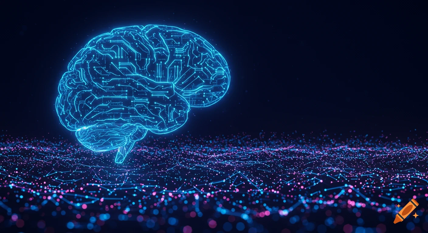 A glowing blue digital brain made of circuitry floats over luminous pink and blue data points on a dark background.