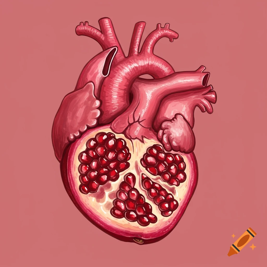 A stylized illustration of a human heart cut open to reveal pomegranate seeds inside, against a pink background.