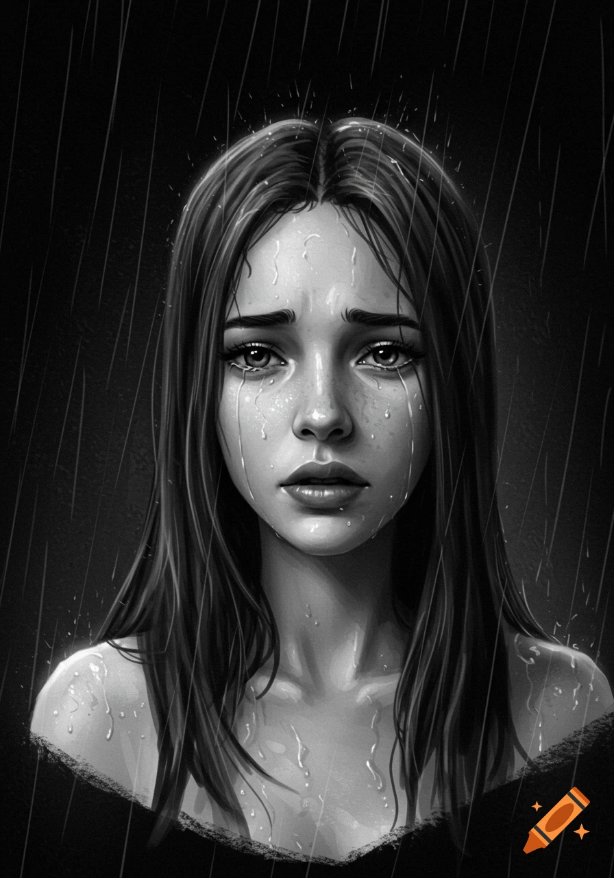 Grayscale digital painting of a young woman crying in the rain, with tears and raindrops on her face.
