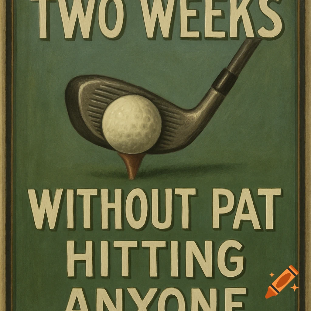 A green golf-themed sign with a golf club and ball on a tee, and the text 'TWO WEEKS WITHOUT PAT HITTING ANYONE' in white.