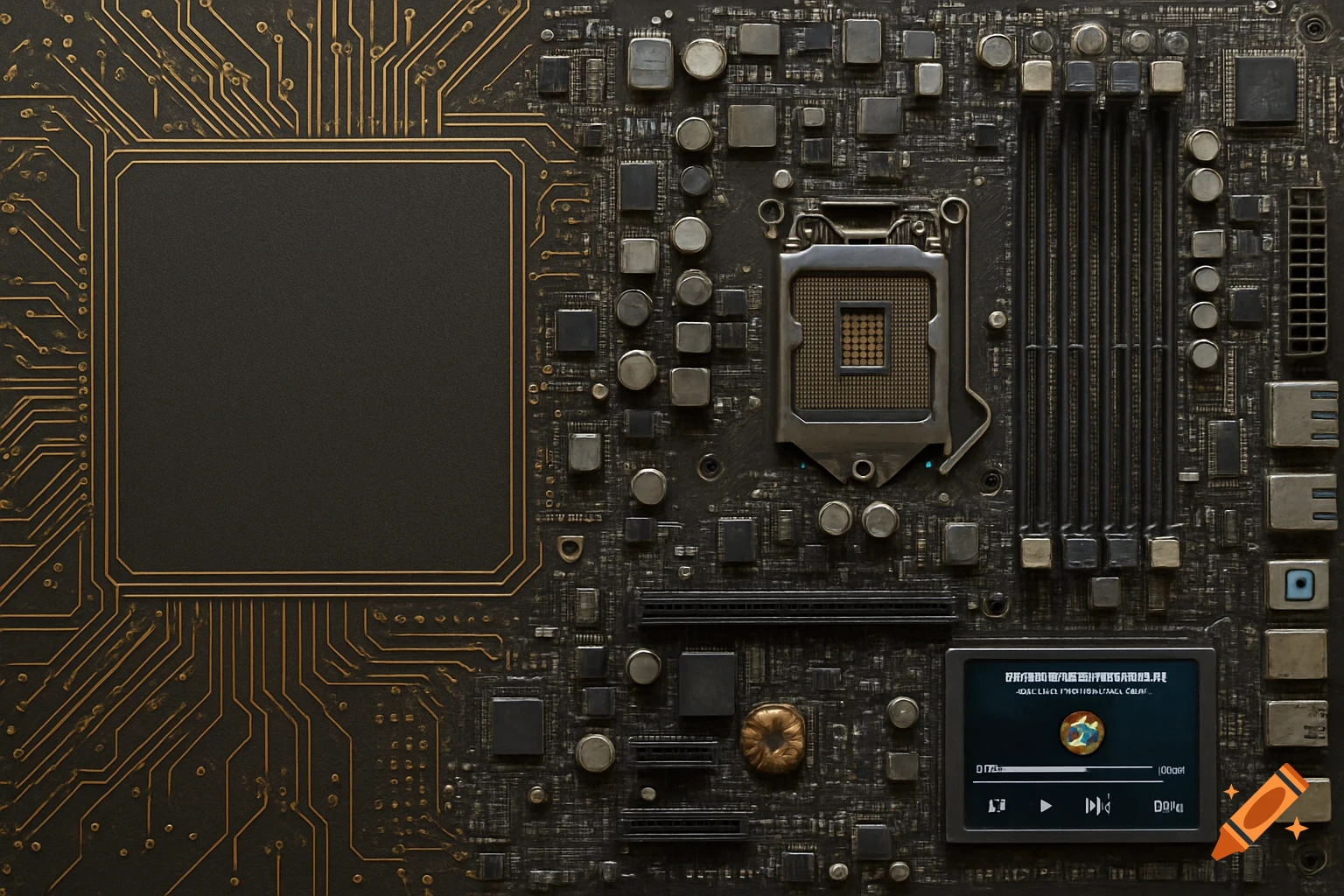 Detailed, hyper-realistic computer motherboard with gold circuits and components, featuring a small screen display.