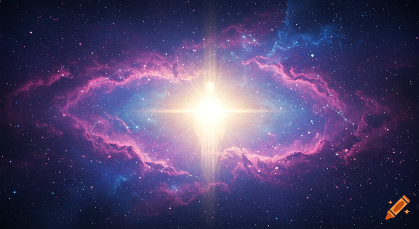 A bright, ethereal light at the center of a vibrant galaxy with purple and blue nebulae and stars, in a cinematic style.