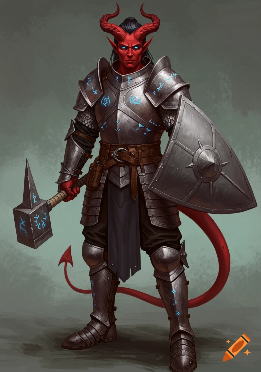 A tiefling paladin with red skin, black horns, and blue eyes, wearing ...