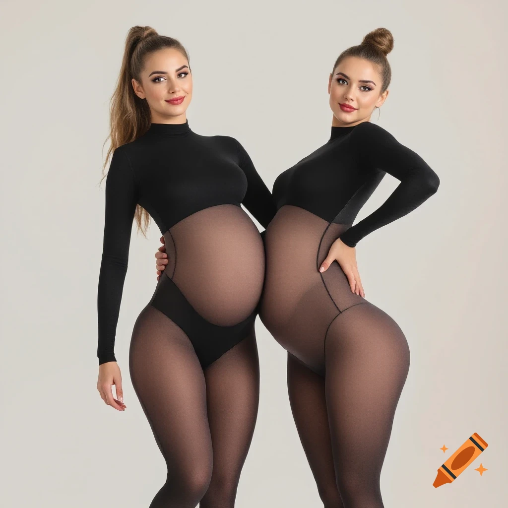 Two smiling pregnant women in black full-body tights, posed closely together appearing joined at the hip as a costume.