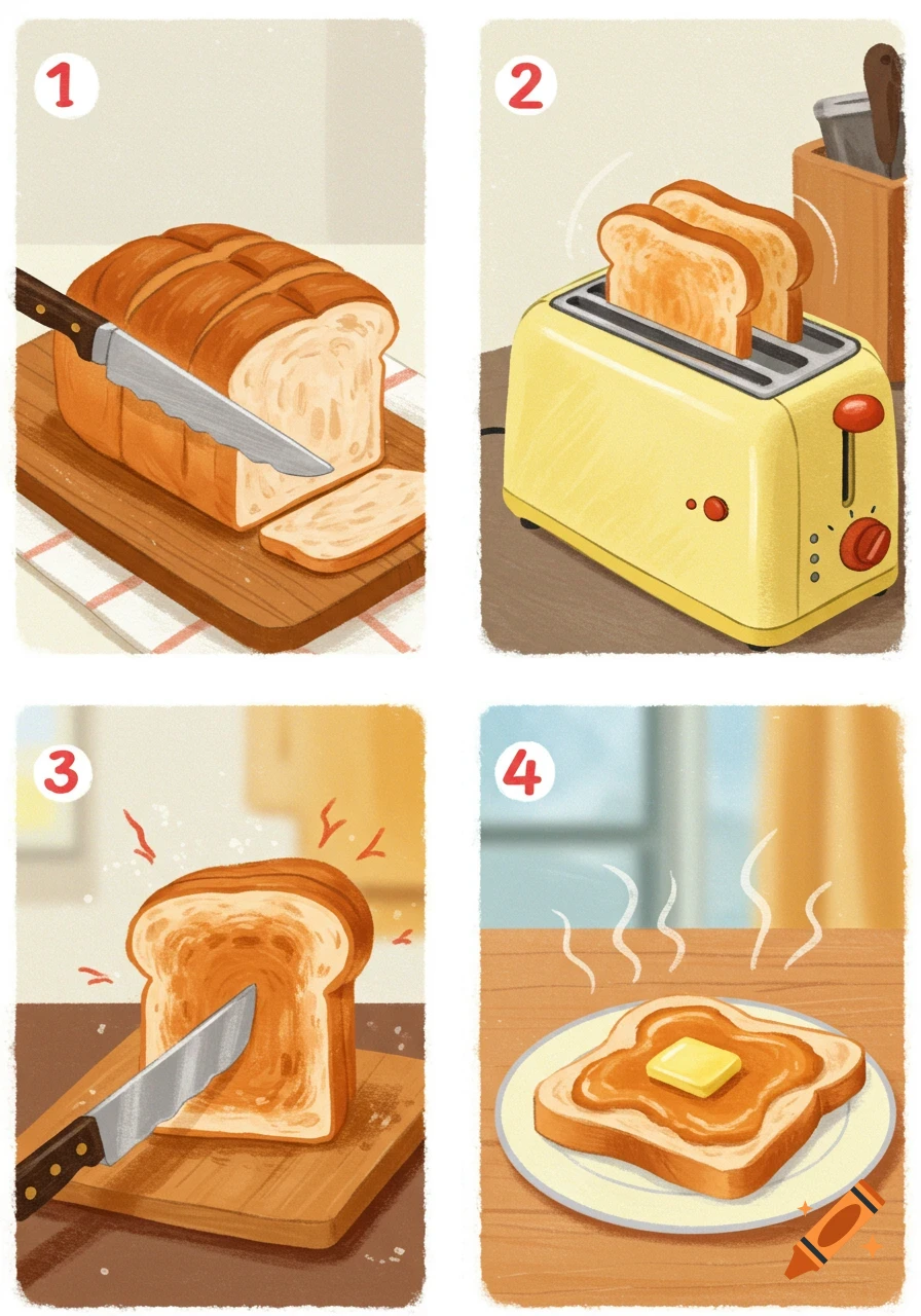 A four-panel illustration showing how to make toast: slicing bread, toasting it, spreading, and serving with butter and jam.