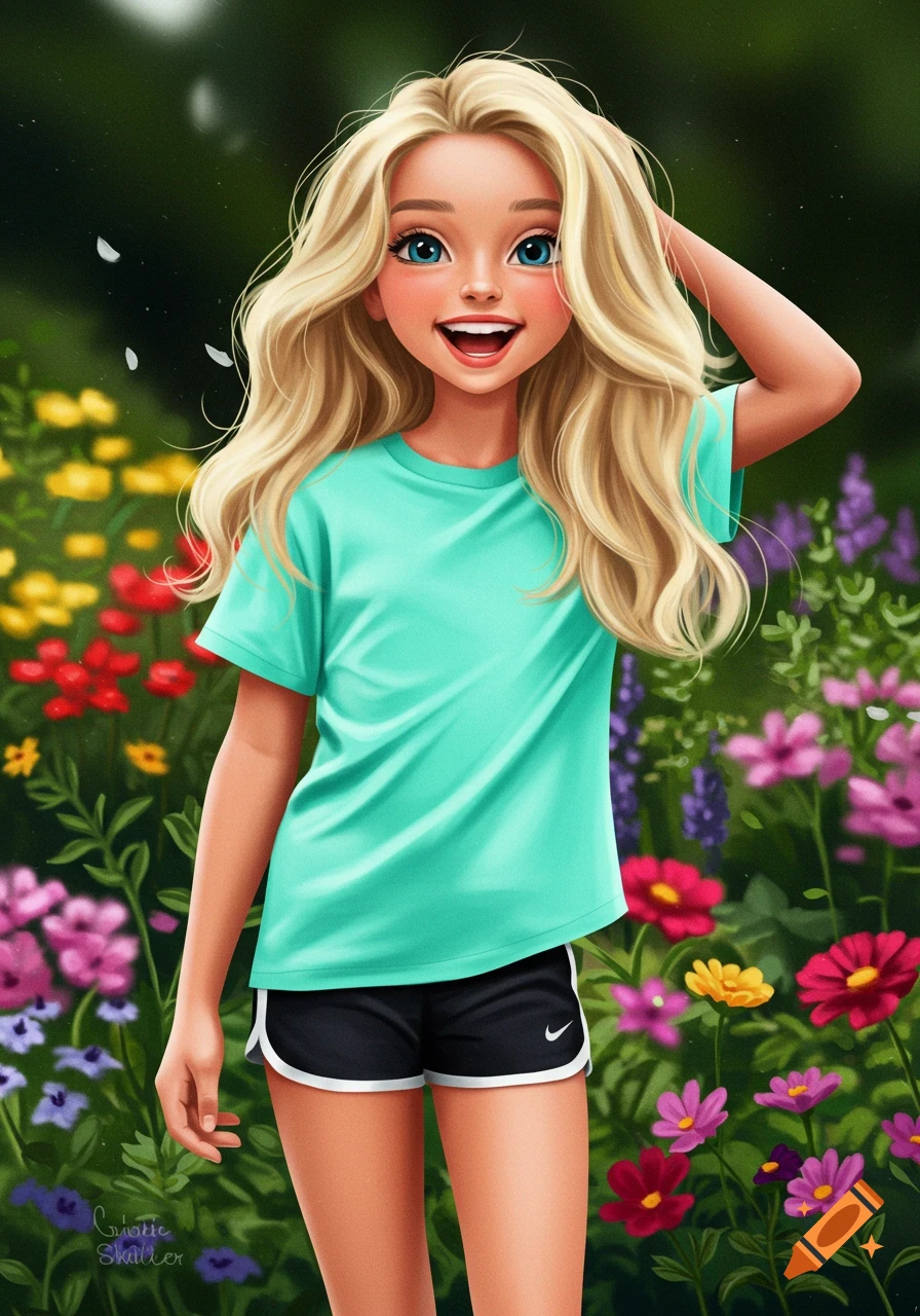 A smiling blonde cartoon girl with blue eyes wears a mint green t-shirt and black shorts with a white swoosh logo, standing in a vibrant flower garden.