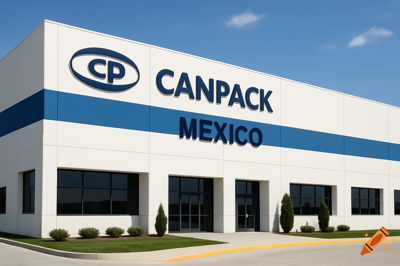 A modern white and blue corporate building with the text 'CANPACK MEXICO' on its facade under a blue sky.