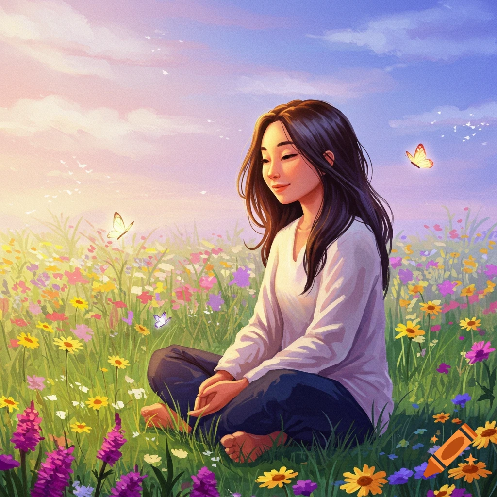 An illustration of a woman sitting peacefully in a vibrant field of wildflowers with butterflies under a colorful sky.
