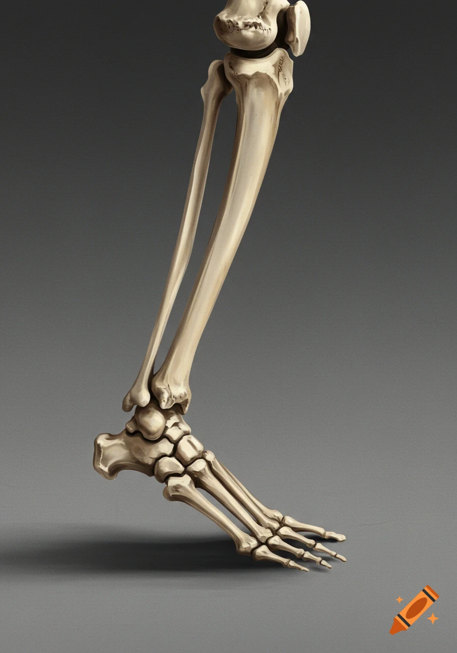 A detailed illustration of a human skeletal leg and foot standing on a gray surface.