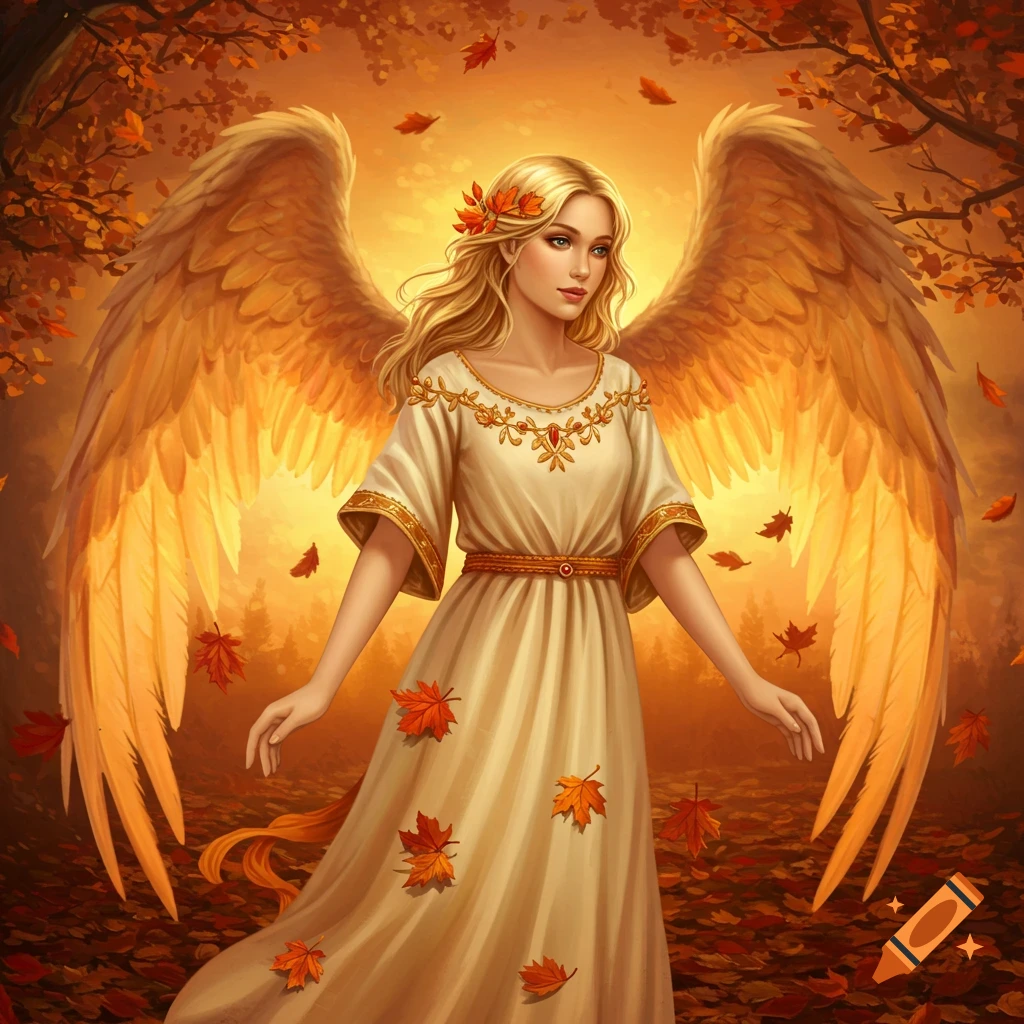 A blonde angel with golden wings and a white dress stands in an autumn forest with falling orange leaves.