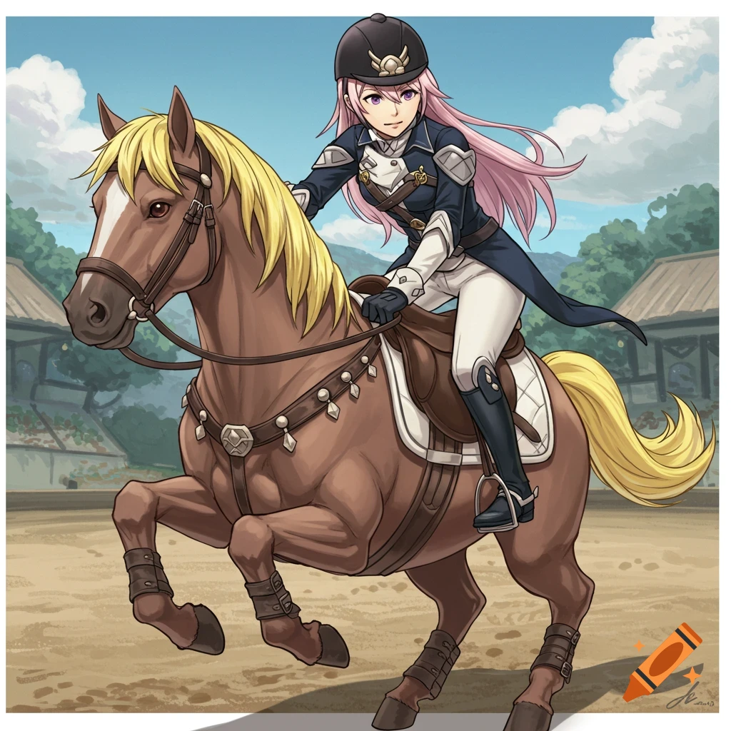 An anime-style character with pink hair in equestrian attire rides a brown horse in an outdoor arena.