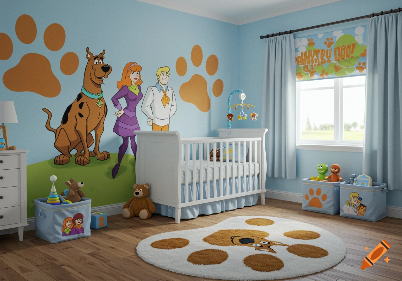 A Scooby-Doo themed nursery with wall murals of characters, a white crib, and a dog-paw shaped rug.