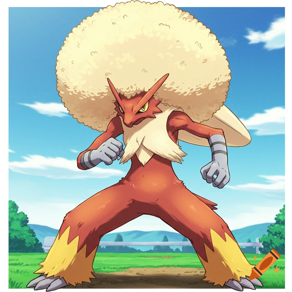 A red Blaziken with a large blonde afro stands in a grassy field under a blue sky, in a Pokemon art style.