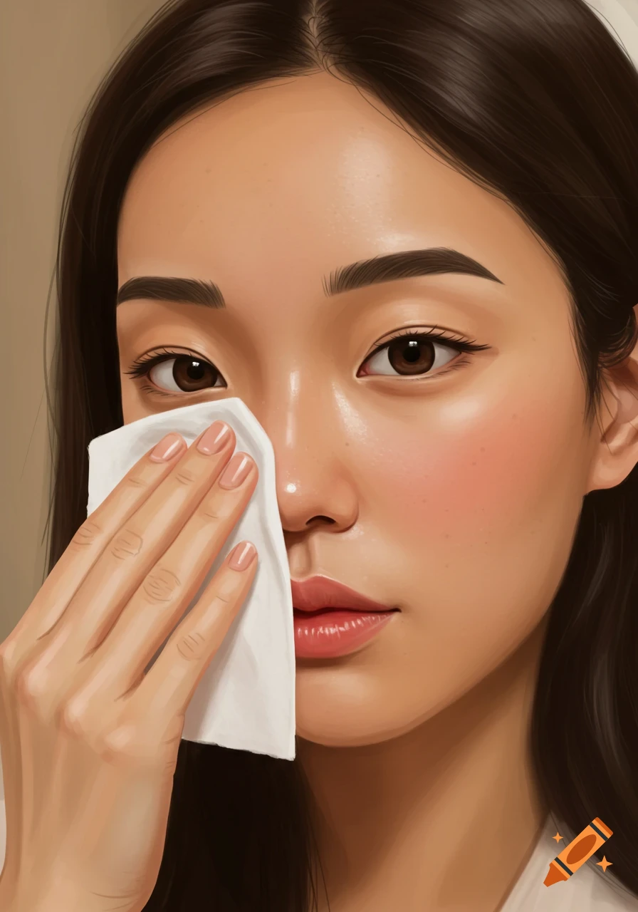 Close-up portrait of a woman wiping her face with a white cloth.