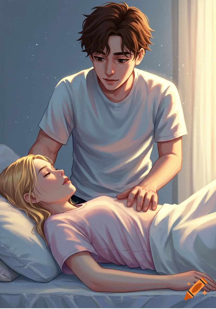 A digitally illustrated man gently touches a blonde woman's abdomen as she lies in bed under soft light.