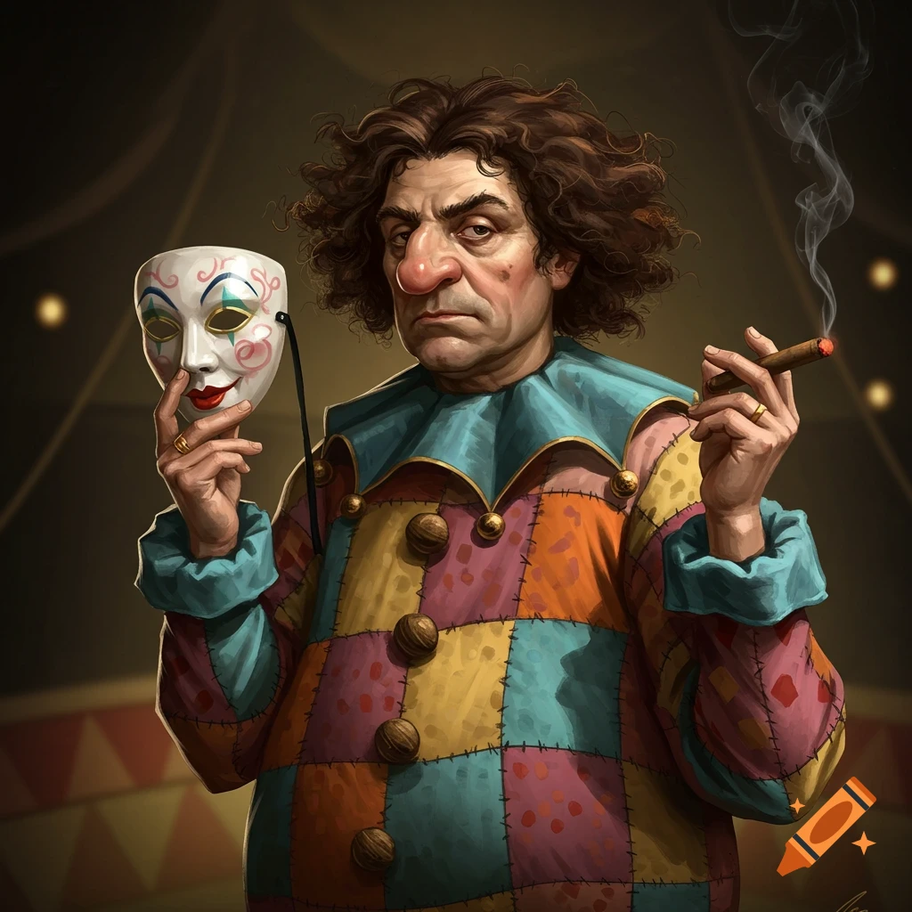 A serious jokester in a colorful patchwork costume holds a white mask and a smoking cigar, standing in a circus tent.